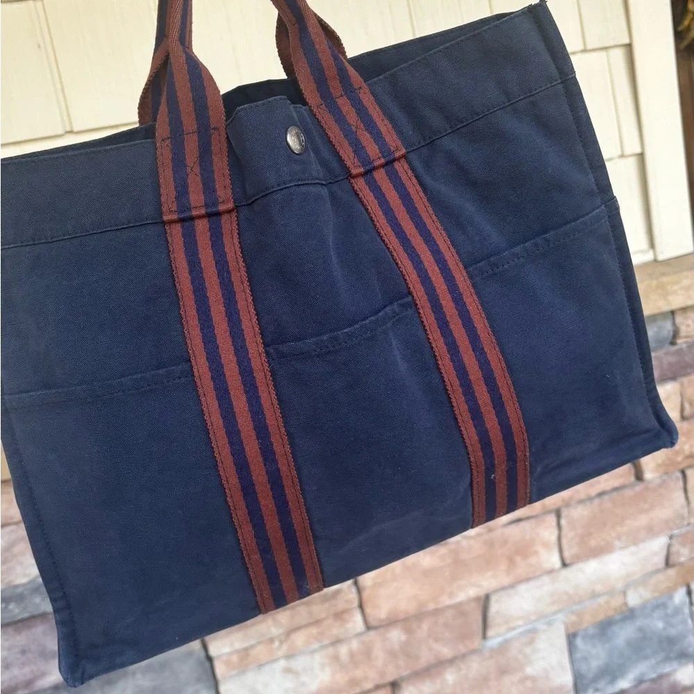 Authentic HERMES THICK Cotton canvas orange stripes expandable snap Tote Bag